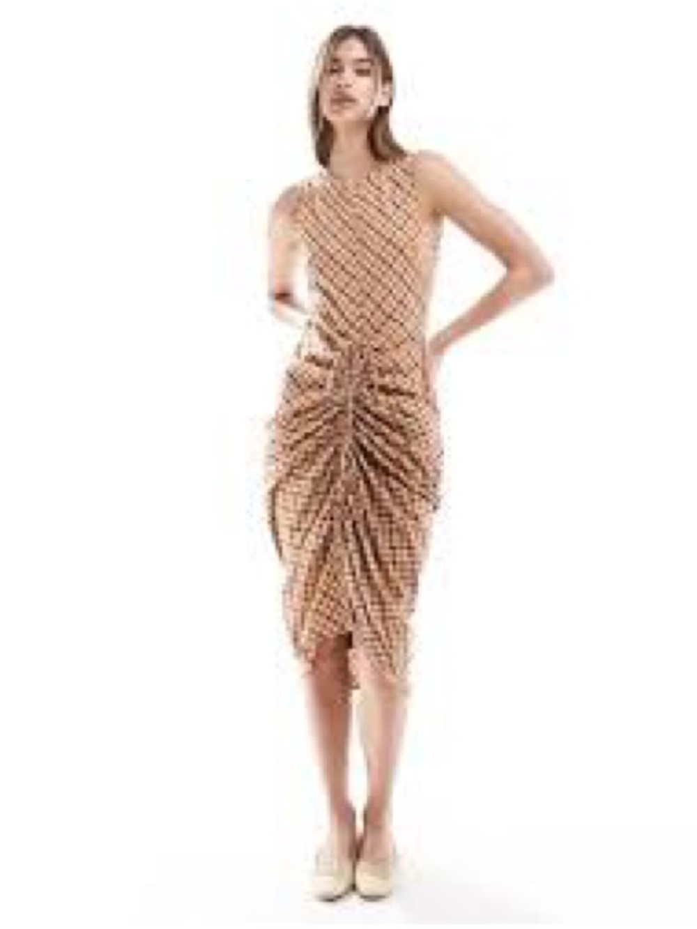 ASOS Sleeveless Ruched Check Midi Dress in Tan and Black